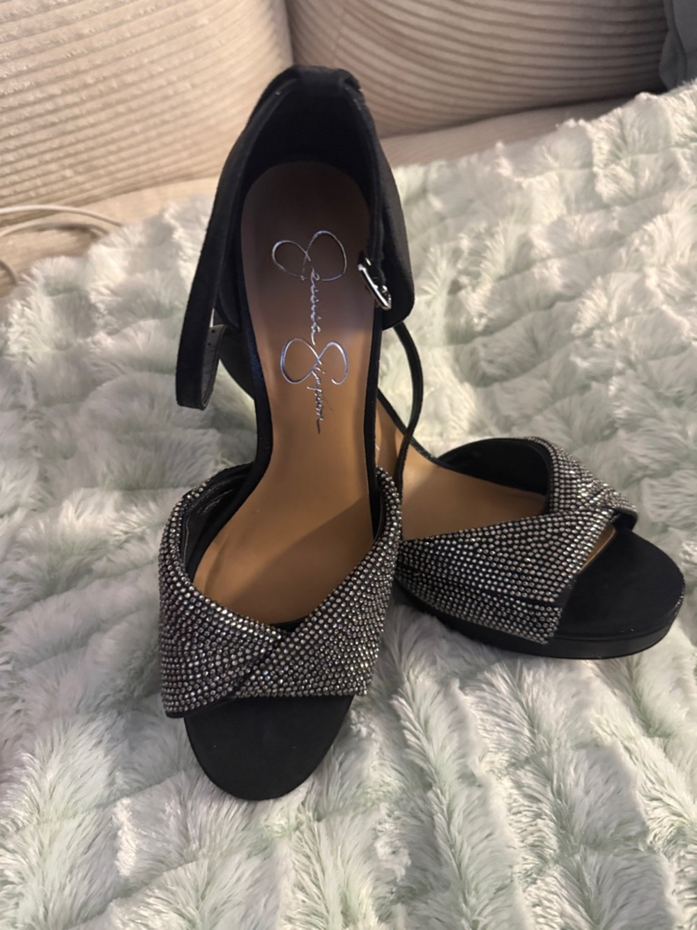 Jessica Simpson Black Rhinestone Crossover Ankle-Strap Heels
